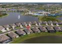 Aerial view showcasing the single Gathering home's location near the community pool and lake at 8752 Coastal Key Way, Parrish, FL 34219