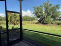 View from the back porch with serene scenery overlooking a lush green lawn and pond at 18044 Cherished Loop, Bradenton, FL 34211