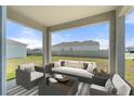 Inviting covered patio with comfortable seating, perfect for outdoor relaxation and entertaining with a view of the backyard at 4405 Stargrazer Ct, Palmetto, FL 34221