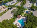 Aerial view of the community pool, cabana and hot tub surrounded by mature trees at 3810 N Oak Dr # N61, Tampa, FL 33611