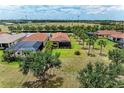 An aerial view displays a serene backyard, framed by mature trees, offering a private outdoor oasis at 10111 Malachite Dr, Bradenton, FL 34211