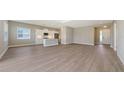 Bright living area with wood-look floors, leading into a white kitchen with stainless steel appliances at 10027 Cross River Trl, Parrish, FL 34219