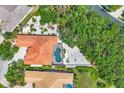Birds eye view of a home with an oversized screen enclosed pool and beautiful backyard at 11551 30Th E Cv, Parrish, FL 34219