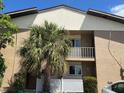 Tan two-story condo building featuring a palm tree, white fence, and a small balcony at 2938 Clark Rd # 203, Sarasota, FL 34231
