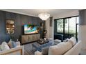 Relaxing living room featuring modern decor, stylish furnishings, a modern ceiling light and a sliding door at 5720 Palmer Cir # 103, Bradenton, FL 34211