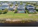 An aerial view of homes featuring backyard pools with screened enclosures along a pond at 5749 Sunflower Cir, Sarasota, FL 34238