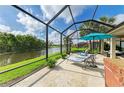 Relaxing screened patio with comfortable seating and a serene view of the water at 643 Misty Pond Ct, Bradenton, FL 34212