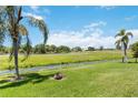 Expansive backyard with lush green grass, a tranquil lake, and swaying palm trees, offering a serene outdoor escape at 7270 Alicante Dr # 3, Sarasota, FL 34238