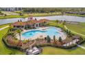 Aerial view of a large community pool, complete with lounge chairs, a splash pad, and lush landscaping at 16341 Little Garden Dr, Wimauma, FL 33598