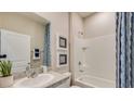 Well-lit bathroom with a shower-tub combo, granite countertop vanity, and stylish decor at 17037 James Trl, Parrish, FL 34219