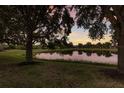 Scenic backyard view overlooking a peaceful pond surrounded by trees at 5023 Brickell Park Cv, Bradenton, FL 34211