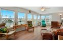 Cozy sunroom with panoramic windows and comfortable seating with views of the canal at 517 Tampico Dr, North Port, FL 34287