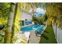 Private backyard pool area with a vibrant Anna Maria mural, lounge chairs and tropical greenery at 811 Jacaranda Rd, Anna Maria, FL 34216