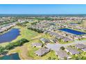 Picturesque aerial view of a golf course community with lush landscaping and numerous ponds at 302 Crystal Downs Ct, Sun City Center, FL 33573
