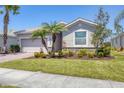 Beautifully landscaped home with manicured lawn and decorative stone accents beneath front window at 11702 Anhinga Avenue, Venice, FL 34292
