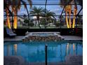 Screened-in pool area with jacuzzi, palm trees, and lush landscaping, perfect for evening relaxation and outdoor enjoyment at 7209 35Th E St, Sarasota, FL 34243