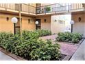 Inviting courtyard with brick pathways, lush landscaping, and exterior lighting at 2763 Woodgate Ln # 108, Sarasota, FL 34231