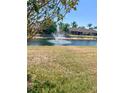 Backyard view featuring a pond and fountain, with green and brown grass on a sunny day at 4721 Turnberry Cir, North Port, FL 34288