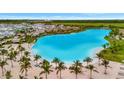 Aerial view of the beautiful Aqua community lagoon with palm trees, white sandy beach, and clear blue water at 5939 Redbay Blvd, Bradenton, FL 34210