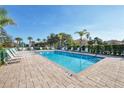 Community swimming pool area with lounge chairs and manicured landscaping under a bright blue sky at 2103 L Pavia Blvd # 2103, Venice, FL 34292