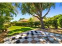 Lush backyard featuring a life-size checkerboard, mature trees, and well-maintained landscaping at 7804 Edmonston Cir, University Park, FL 34201