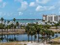 Picturesque water view of a marina and buildings from a residential community lined with palm trees at 1255 N Gulfstream Ave # 402, Sarasota, FL 34236