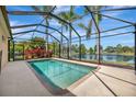 Enclosed pool overlooking a serene lake view, surrounded by lush landscaping at 14315 Tree Swallow Way, Lakewood Ranch, FL 34202