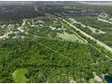 An aerial view showcases an expansive property featuring a modern home surrounded by lush greenery and an outlined boundary at 7234 Letitia Ln, Sarasota, FL 34241