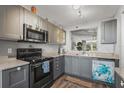Updated kitchen featuring gray cabinets, stainless steel appliances, and a pass-through window at 3750 Pinebrook Cir # 104, Bradenton, FL 34209