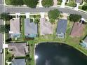 Aerial view of neighborhood homes with screened in pools, back onto a peaceful pond at 6415 67Th E St, Bradenton, FL 34203