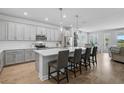 Modern kitchen with a spacious island, seating, stainless steel appliances, and elegant pendant lighting at 11713 Chevelon Ln, Parrish, FL 34219