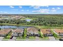 Aerial view showcasing a luxury home with a scenic lake and lush greenery at 3415 Big Sky Way, Bradenton, FL 34211