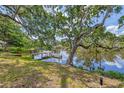 Serene backyard with water access, a private dock, and large mature tree providing shade at 1130 Mill Creek Rd, Bradenton, FL 34212