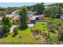 Aerial view of backyard featuring in-ground pool, fire pit, and ample outdoor seating at 2410 Tanglewood Dr, Sarasota, FL 34239