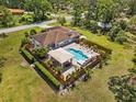 An aerial view showcases the home's backyard, including a pool, gazebo, and ample green space, perfect for outdoor living at 5603 Ravenwood Dr, Sarasota, FL 34243