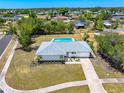 Aerial view of a beautiful single-story home with a private backyard pool surrounded by lush greenery at 6698 Acmar Ct, North Port, FL 34287