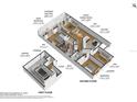 Two-story floor plan featuring a garage, kitchen, living/dining room, main bedroom, screened balcony, den, and second bedroom at 7039 Strand Cir # 34-201, Bradenton, FL 34203