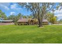 Landscaped front yard with lush green grass and mature oak and palm trees at 3021 Leila Estelle Dr, Plant City, FL 33565