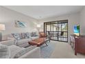 Bright living room featuring a comfortable sofa, stylish rug, and sliding glass doors to the screened patio at 5291 Willow Links # 54, Sarasota, FL 34235