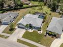 Charming single Gathering home featuring a spacious lawn, attached garage, and screened-in backyard pool at 245 Woodingham Trl, Venice, FL 34292