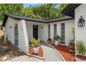 Welcoming entrance with a walkway leading to a black front door, enhanced by potted plants at 4233 Abaco Ct, New Port Richey, FL 34653