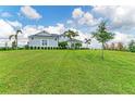Charming single-story home with a lush green lawn, palm trees and manicured landscaping at 3518 Recurve Cir, Sarasota, FL 34240
