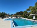 Community pool with lounge chairs and tiki umbrellas, surrounded by palm trees and a tennis court at 3002 Sail Pointe Cir # 1B, Venice, FL 34293