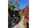 Pathway leading to the front door, surrounded by lush tropical plants and flowers at 1741 Font Ln, Holiday, FL 34691