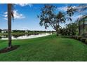 Expansive backyard with lush green grass, mature trees, and a serene waterfront view at 1542 Ormond Ter, Parrish, FL 34219