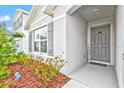 Close-up of home's entryway featuring grey door, mulch landscaping, and window with shutters at 16746 Parker River St, Wimauma, FL 33598