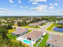 Aerial view showcasing a home with a private pool, fenced yard and neighborhood pond at 5904 114Th E Dr, Parrish, FL 34219