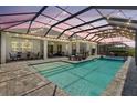 Inviting screened-in pool area with stylish lounge chairs and string lights for evening relaxation at sunset at 13918 Old Creek Ct, Parrish, FL 34219