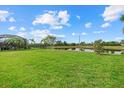 Expansive backyard featuring lush green grass, a serene pond, and mature landscaping for privacy at 17018 Blue Ridge Pl, Bradenton, FL 34211