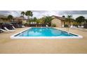 Community pool surrounded by lounge chairs and lush landscaping on an overcast day at 2733 Hidden Lake Blvd # A, Sarasota, FL 34237